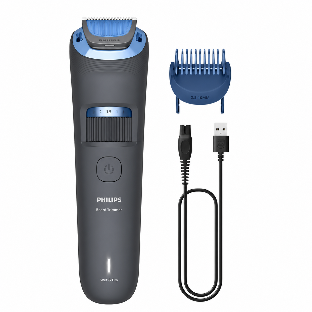 Taghareed Philips Beard Trimmer Series 3000 BT3617/15, grey with blue accents, includes comb, USB-A charging cable. Wet & Dry use.
