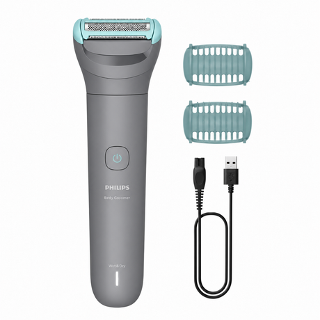 Taghareed Philips Body Groomer 3000 Series BG3470/15, grey with teal accents, wet & dry, includes 2mm comb and USB charging cable.