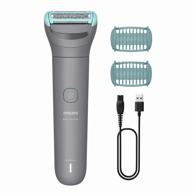 Taghareed Philips Body Groomer 3000 Series BG3470/15, grey with teal accents, wet & dry, includes 2mm comb and USB charging cable.