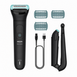 Taghareed Philips Body Groomer 5000 Series BG5475/15, black, with 3 trimming combs, USB charging cable, and back attachment.