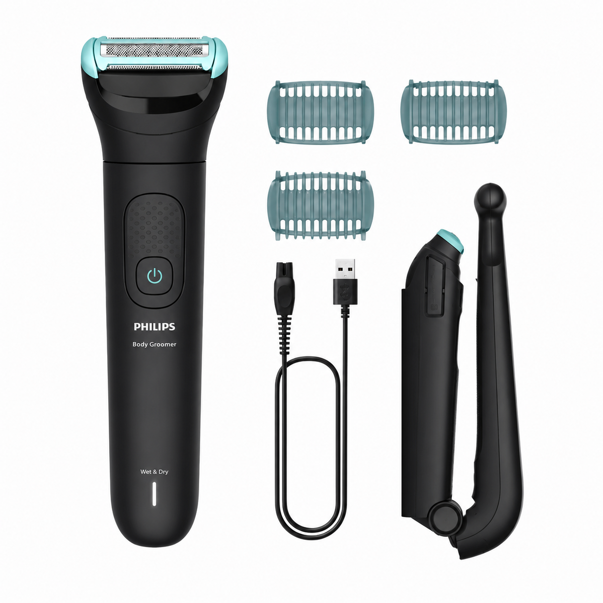Taghareed Philips Body Groomer 5000 Series BG5475/15, black, with 3 trimming combs, USB charging cable, and back attachment.