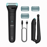Taghareed Philips Body Groomer 5000 Series BG5475/15, black, with 3 trimming combs, USB charging cable, and back attachment.