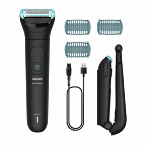 Taghareed Philips Body Groomer 5000 Series BG5475/15, black, with 3 trimming combs, USB charging cable, and back attachment.