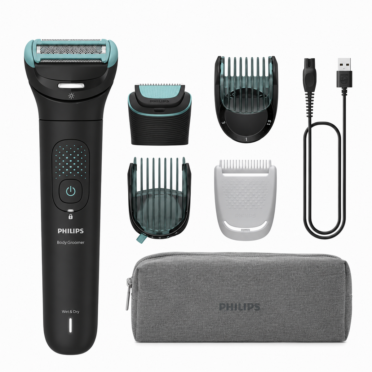 Taghareed Philips Body Groomer 7000 Series BG7470/15, black with teal accents, includes trimmer, guards, USB cable, and pouch. Wet & Dry use.