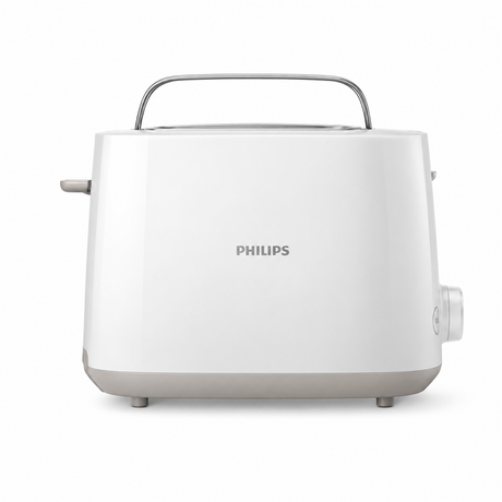 Taghareed Philips Daily Collection white 2-slice toaster with adjustable browning and bun rack.