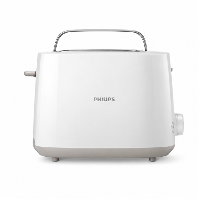 Taghareed Philips Daily Collection white 2-slice toaster with adjustable browning and bun rack.