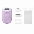 Taghareed Philips Epilator Series 4000 BRE257/00, purple, with shaver head, trimmer comb, massage cap, bikini head, and storage pouch.