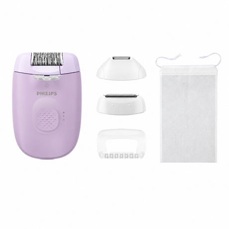 Taghareed Philips Epilator Series 4000 BRE257/00, purple, with shaver head, trimmer comb, massage cap, bikini head, and storage pouch.