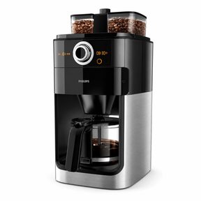 Taghareed Philips Grind & Brew coffee maker with built-in grinder and dual bean container, black and silver