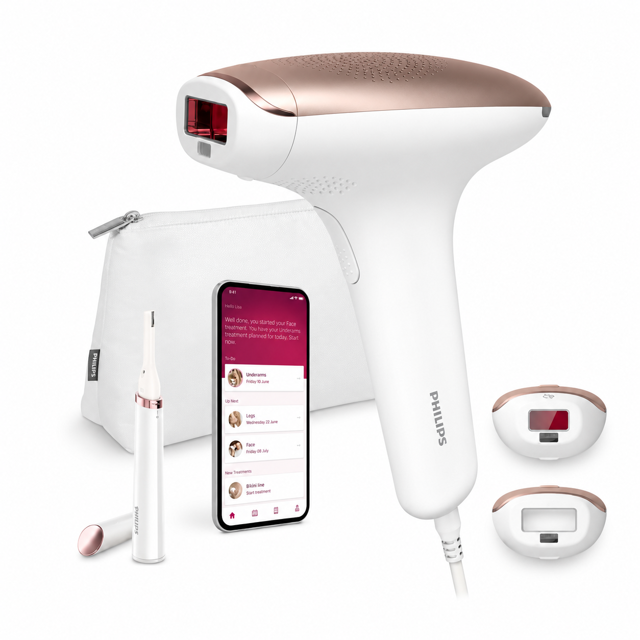 Taghareed Philips Lumea Advanced IPL 7000 Series BRI921/60 hair removal device, white and rose gold, with IPL technology for long-lasting smooth skin.