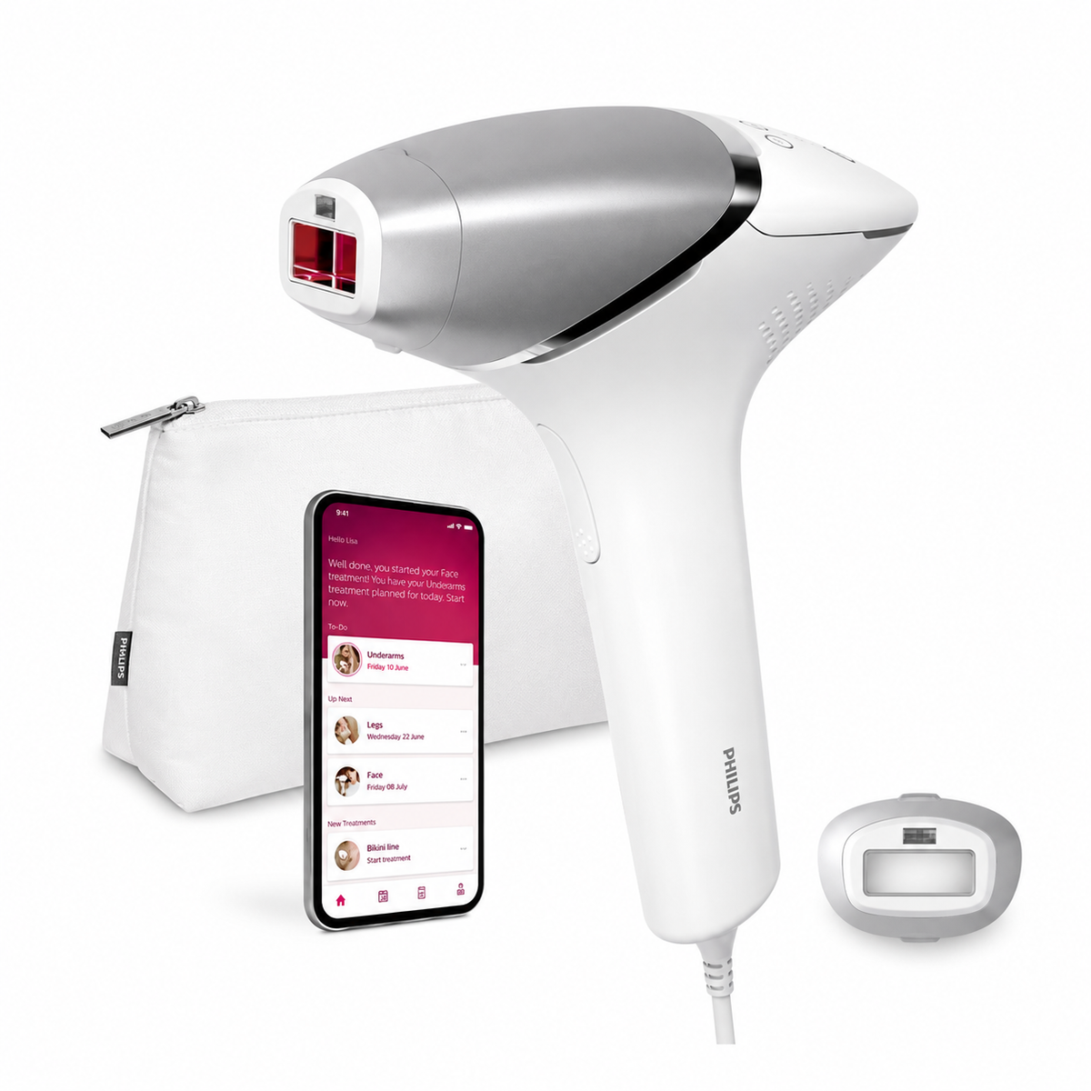 Taghareed Philips Lumea IPL 8000 Series BRI940/00 hair removal device with SenseIQ technology, body attachment, and app.