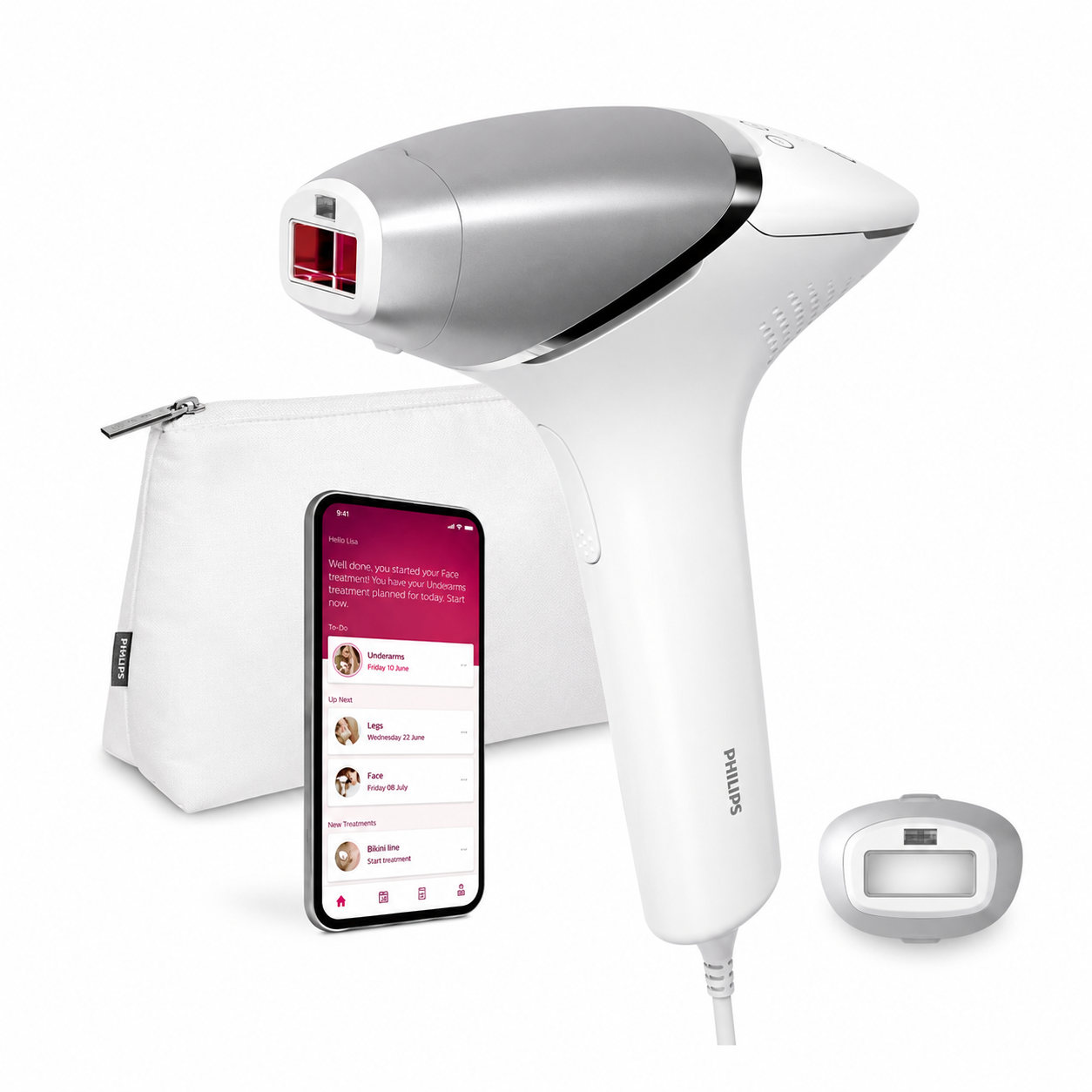 Taghareed Philips Lumea IPL 8000 Series BRI940/00 hair removal device with SenseIQ technology, body attachment, and app.