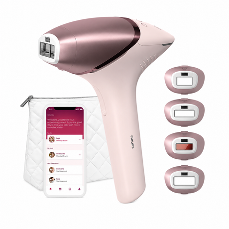 Taghareed Philips Lumea IPL 9000 Series BRI958/60 IPL hair removal device in rose gold and white with 5 energy levels.