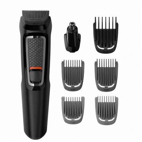Taghareed Philips Multigroom Series 3000 MG3720/33 black grooming kit with 7 attachments including trimmer, nose/ear trimmer, and combs.