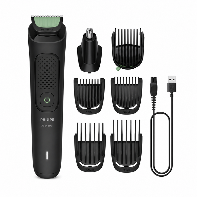 Taghareed Philips Multigroom Series 3000 MG3930/15 all-in-one trimmer with 7 attachments, including beard combs, nose trimmer, and USB charging cable.