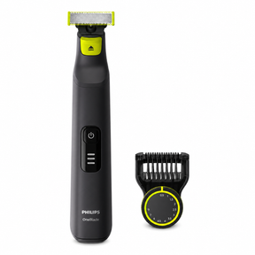 Taghareed Philips OneBlade Pro QP6530/23 electric trimmer with adjustable comb attachment. Black and neon yellow.