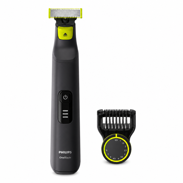 Taghareed Philips OneBlade Pro QP6530/23 electric trimmer with adjustable comb attachment. Black and neon yellow.