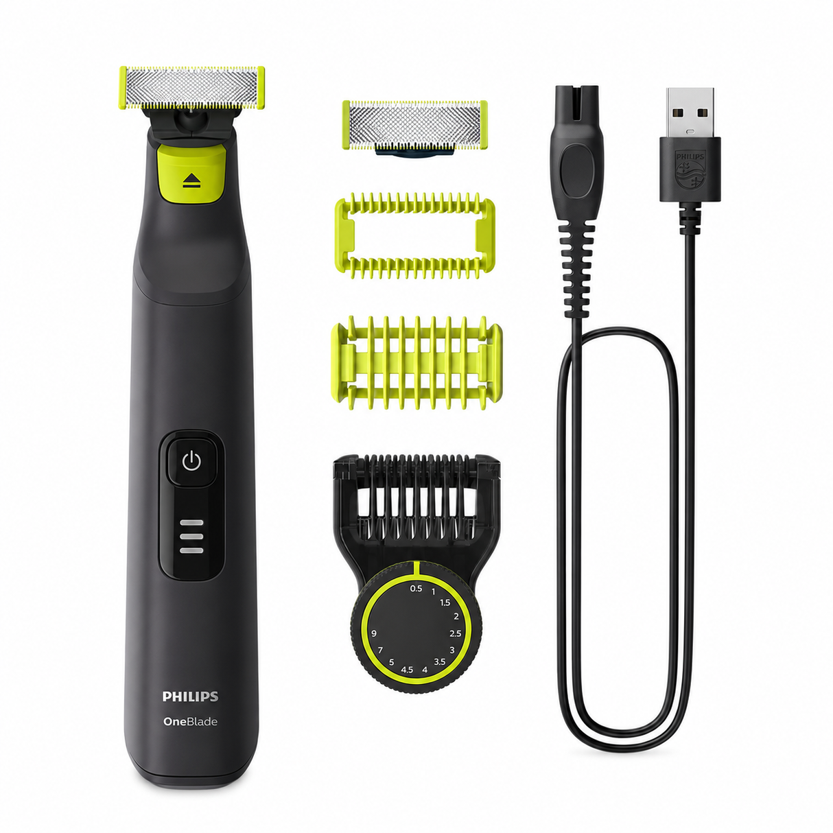 Taghareed Philips OneBlade Pro QP6542/10 electric trimmer with multiple attachments and USB charging cable. Black and neon green.