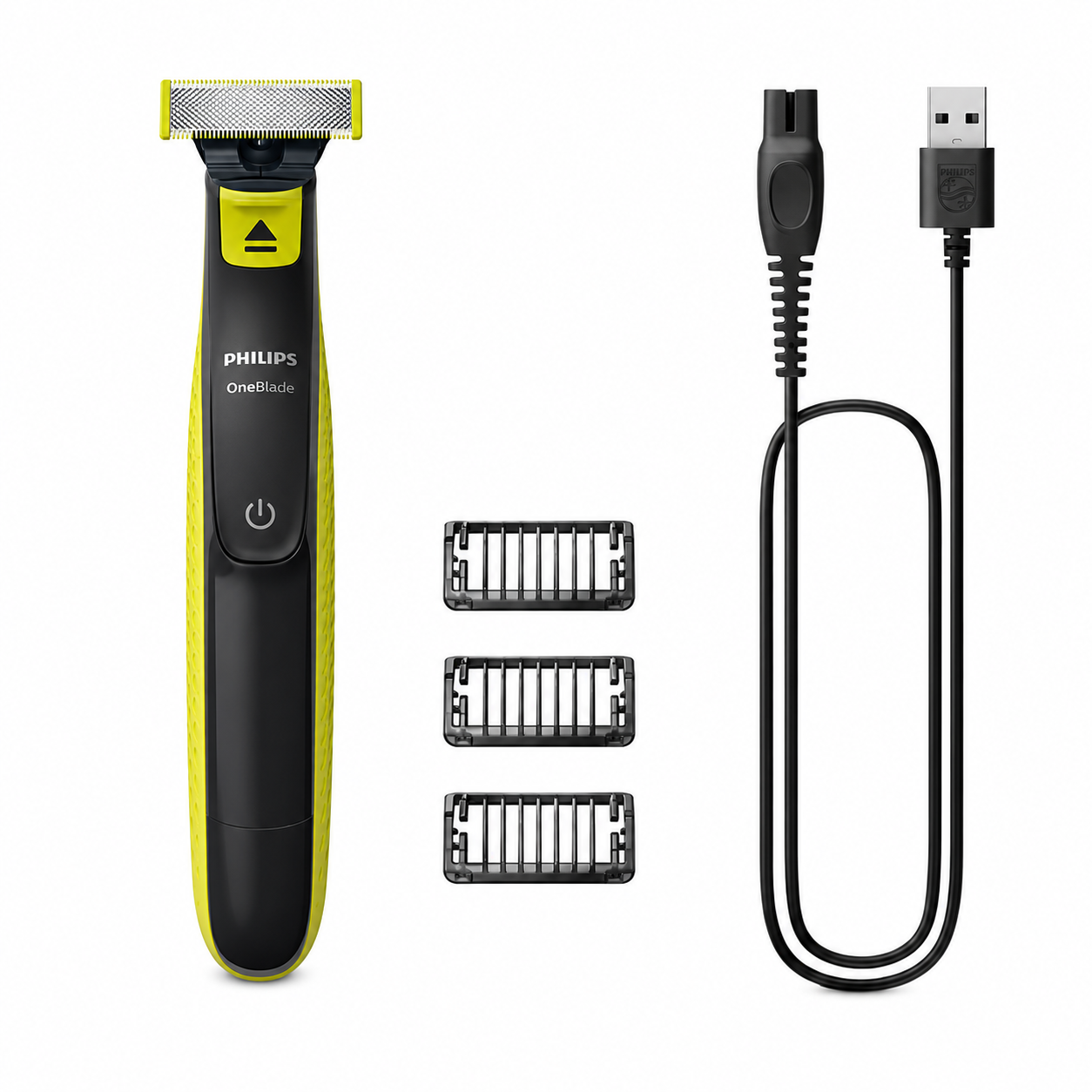Taghareed Philips OneBlade QP2724/10 electric trimmer with 3 combs and USB charging cable. Black and yellow.