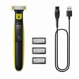 Taghareed Philips OneBlade QP2724/10 electric trimmer with 3 combs and USB charging cable. Black and yellow.