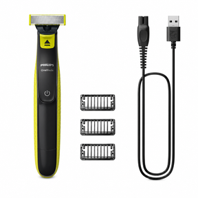 Taghareed Philips OneBlade QP2724/10 electric trimmer with 3 combs and USB charging cable. Black and yellow.