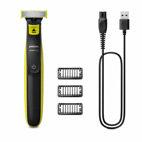 Taghareed Philips OneBlade QP2724/10 electric trimmer with 3 combs and USB charging cable. Black and yellow.