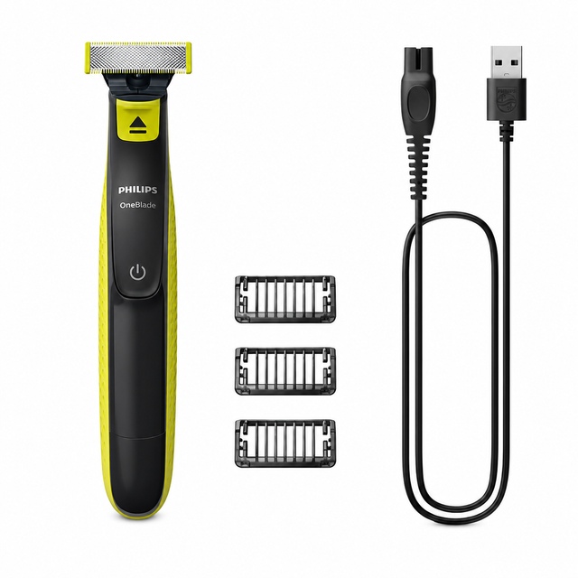 Taghareed Philips OneBlade QP2724/10 electric trimmer with 3 combs and USB charging cable. Black and yellow.