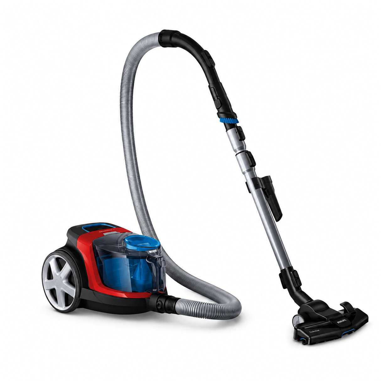 Taghareed Philips PowerPro Compact bagless vacuum cleaner in red and black with a transparent dustbin and HEPA filter.