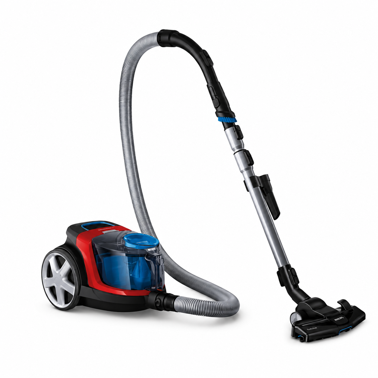 Taghareed Philips PowerPro Compact bagless vacuum cleaner in red and black with a transparent dustbin and HEPA filter.