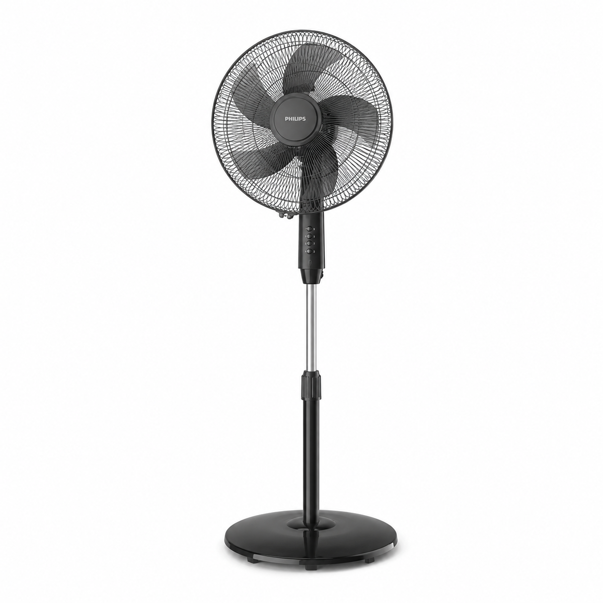 Taghareed Philips Series 600 pedestal fan with 3 speeds, oscillation, and adjustable height in black.