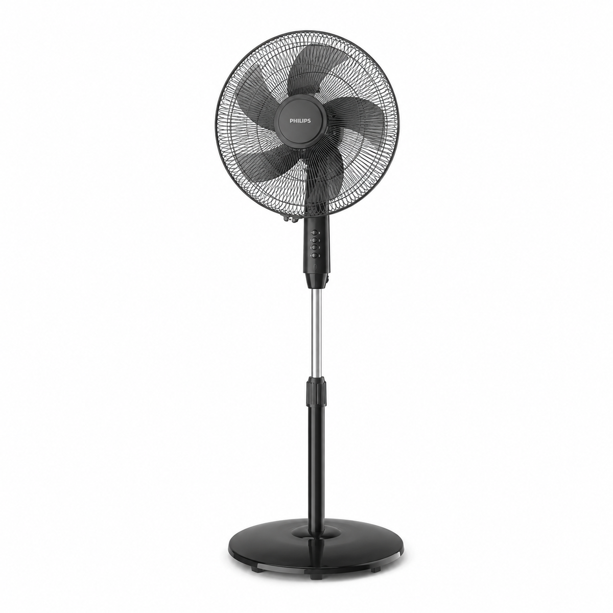 Taghareed Philips Series 600 pedestal fan with 3 speeds, oscillation, and adjustable height in black.