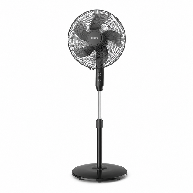 Taghareed Philips Series 600 pedestal fan with 3 speeds, oscillation, and adjustable height in black.