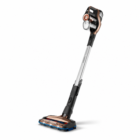 Taghareed Philips SpeedPro Max stick vacuum cleaner in bronze and silver with LED lights on the brush head.