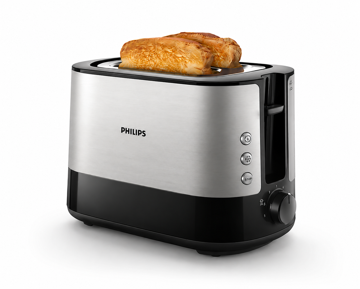 Taghareed Philips Viva Collection 2-slice toaster in brushed stainless steel and black, with 7 browning settings and bun rack.