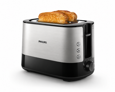 Taghareed Philips Viva Collection 2-slice toaster in brushed stainless steel and black, with 7 browning settings and bun rack.