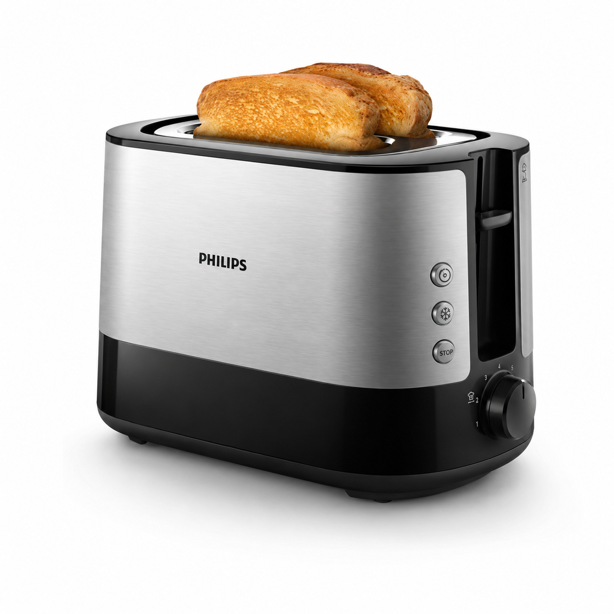 Taghareed Philips Viva Collection 2-slice toaster in brushed stainless steel and black, with 7 browning settings and bun rack.
