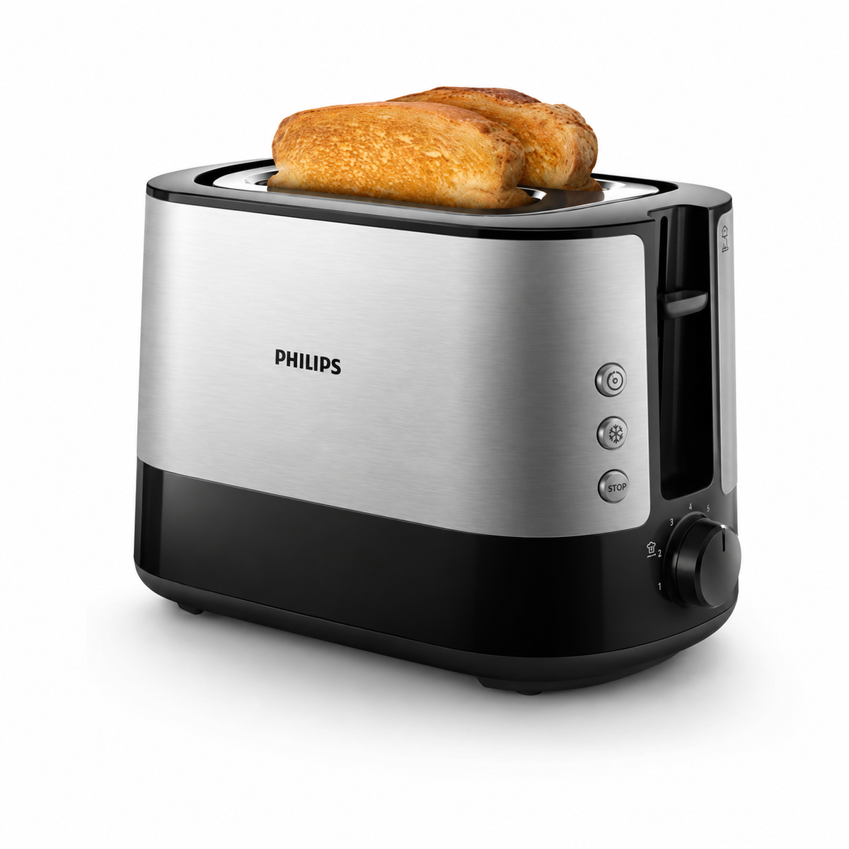 Taghareed Philips Viva Collection 2-slice toaster in brushed stainless steel and black, with 7 browning settings and bun rack.