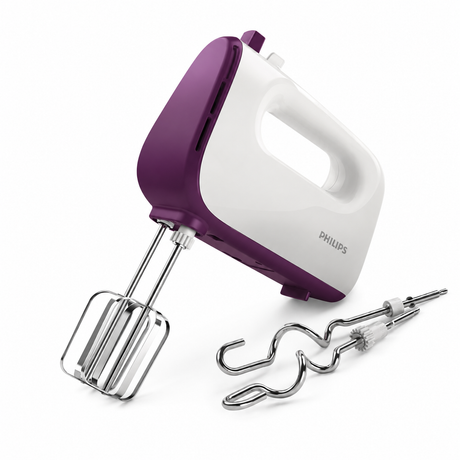 Taghareed Philips Viva Collection hand mixer in white and purple with stainless steel beaters and dough hooks. 400W motor, 5 speeds + Turbo.