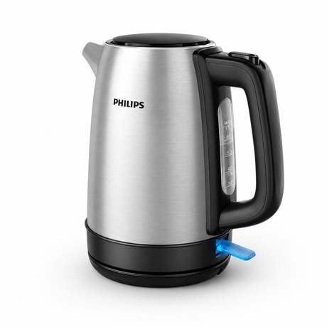 Taghareed Philips stainless steel electric kettle with black handle and water level indicator, 1.7L capacity, 2200W power.