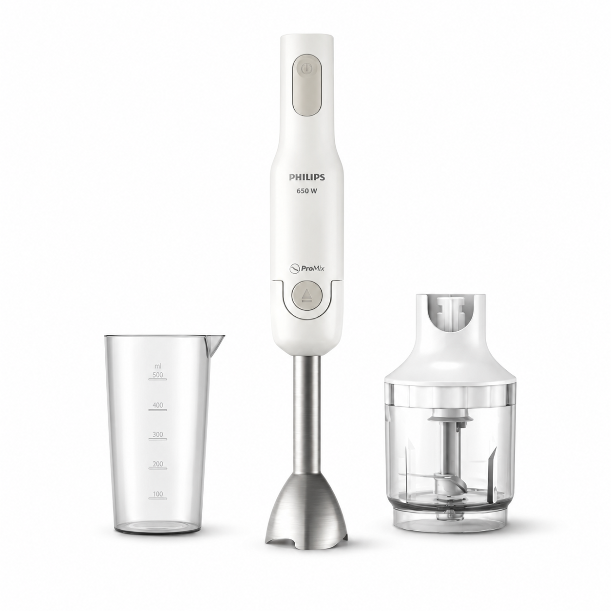 Taghareed Philips white 650W ProMix hand blender with stainless steel shaft, beaker, and chopper attachment.