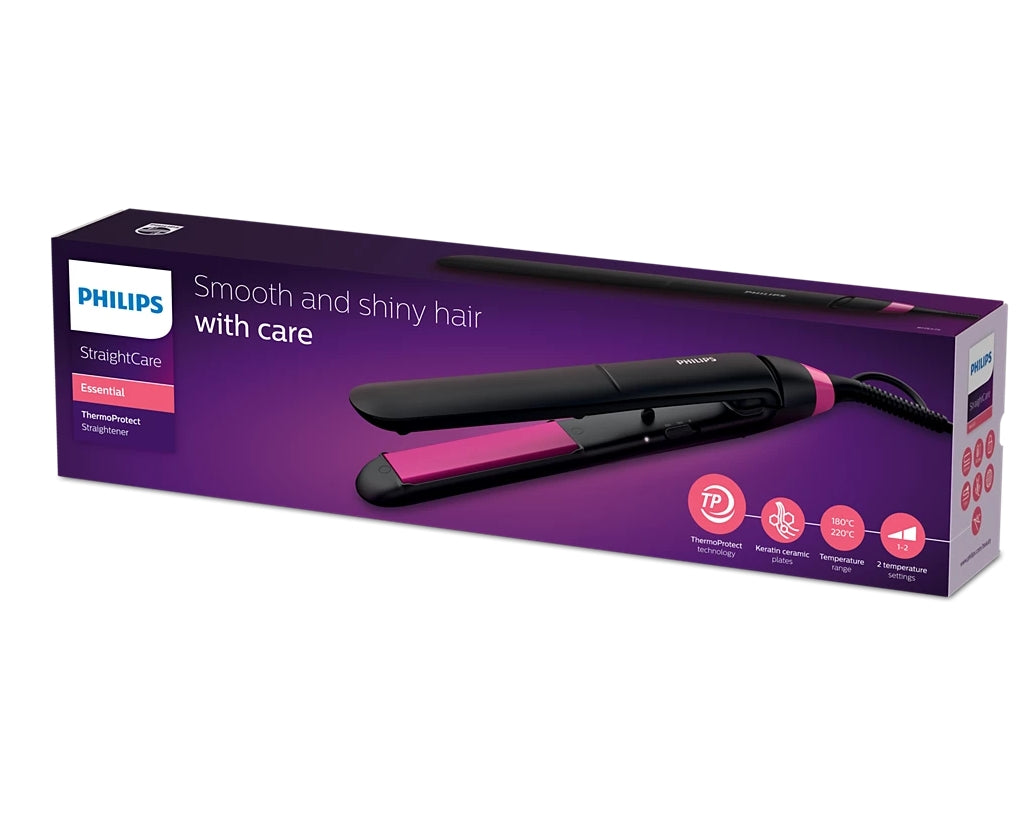 Taghareed StraightCare Essential ThermoProtect hair straightener with black body and pink ceramic plates.