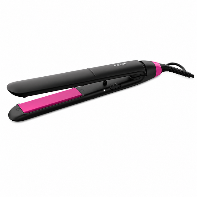 Taghareed StraightCare Essential ThermoProtect hair straightener with black body and pink ceramic plates.