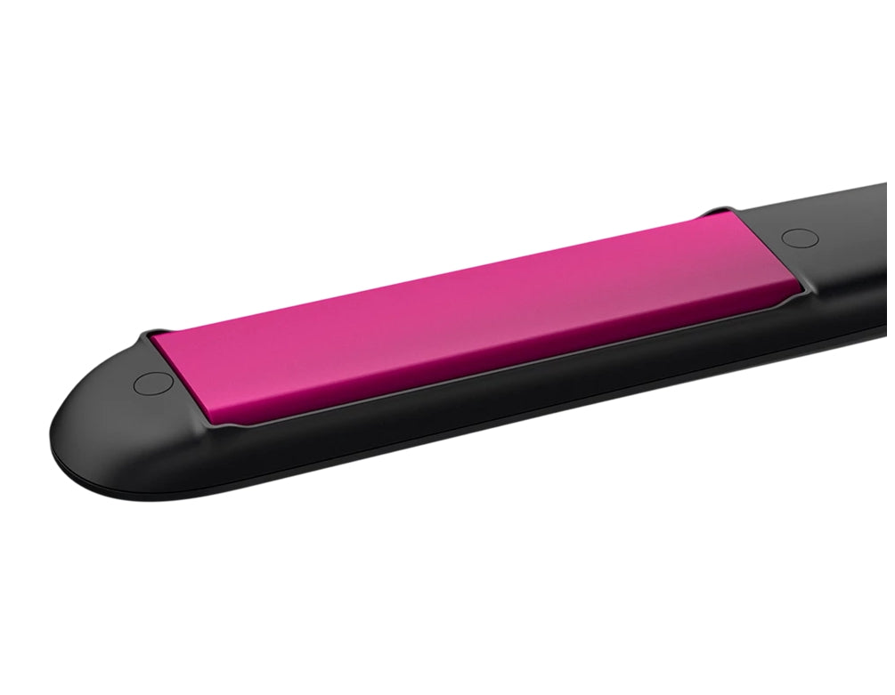 Taghareed StraightCare Essential ThermoProtect hair straightener with black body and pink ceramic plates.