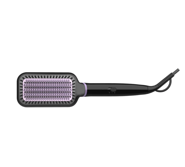 Taghareed StyleCare Essential Heated Straightening Brush with paddle head and purple bristles.