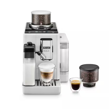 Taghareed white De'Longhi Rivelia automatic coffee machine with dual bean hoppers, milk carafe, and touchscreen.