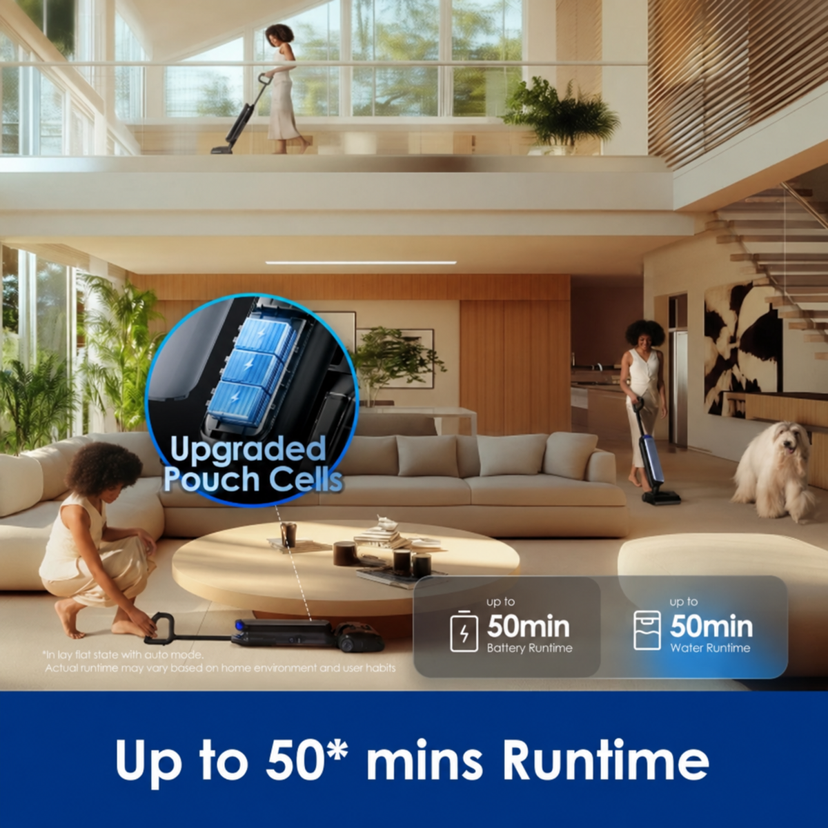 A vacuum cleaner shown in a modern two-story living room with multiple people and a dog using it, plus a circular inset highlighting an upgraded pouch cell. Large text at the bottom reads 'Up to 50* mins Runtime'.