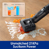 A handheld vacuum cleaner head shown on a wood floor, sucking up spilled orange and white substances. The image includes a performance comparison chart in the upper left and large text at the bottom reading 'Unmatched 21KPa Suctionn Power'.