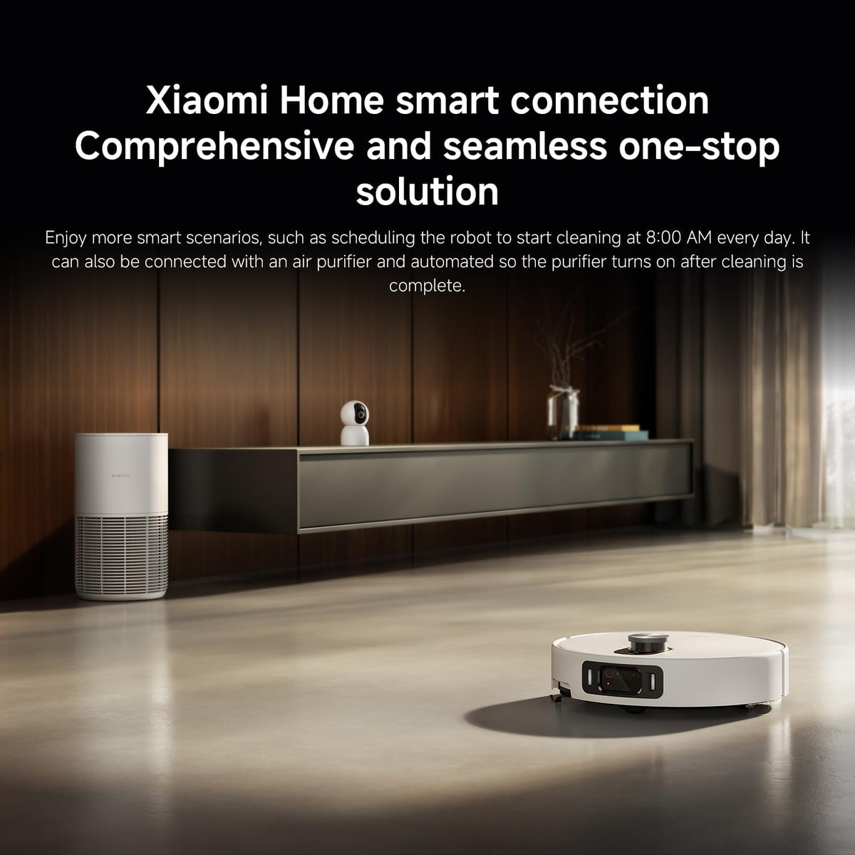 Robotic vacuum cleaner in a modern living room with Xiaomi Home smart connection text.