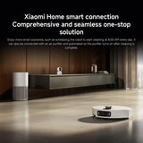 Robotic vacuum cleaner in a modern living room with Xiaomi Home smart connection text.