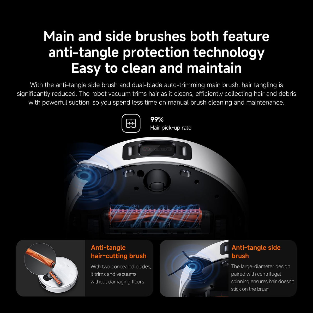 Robot vacuum cleaner with text about anti-tangle protection technology on a black background